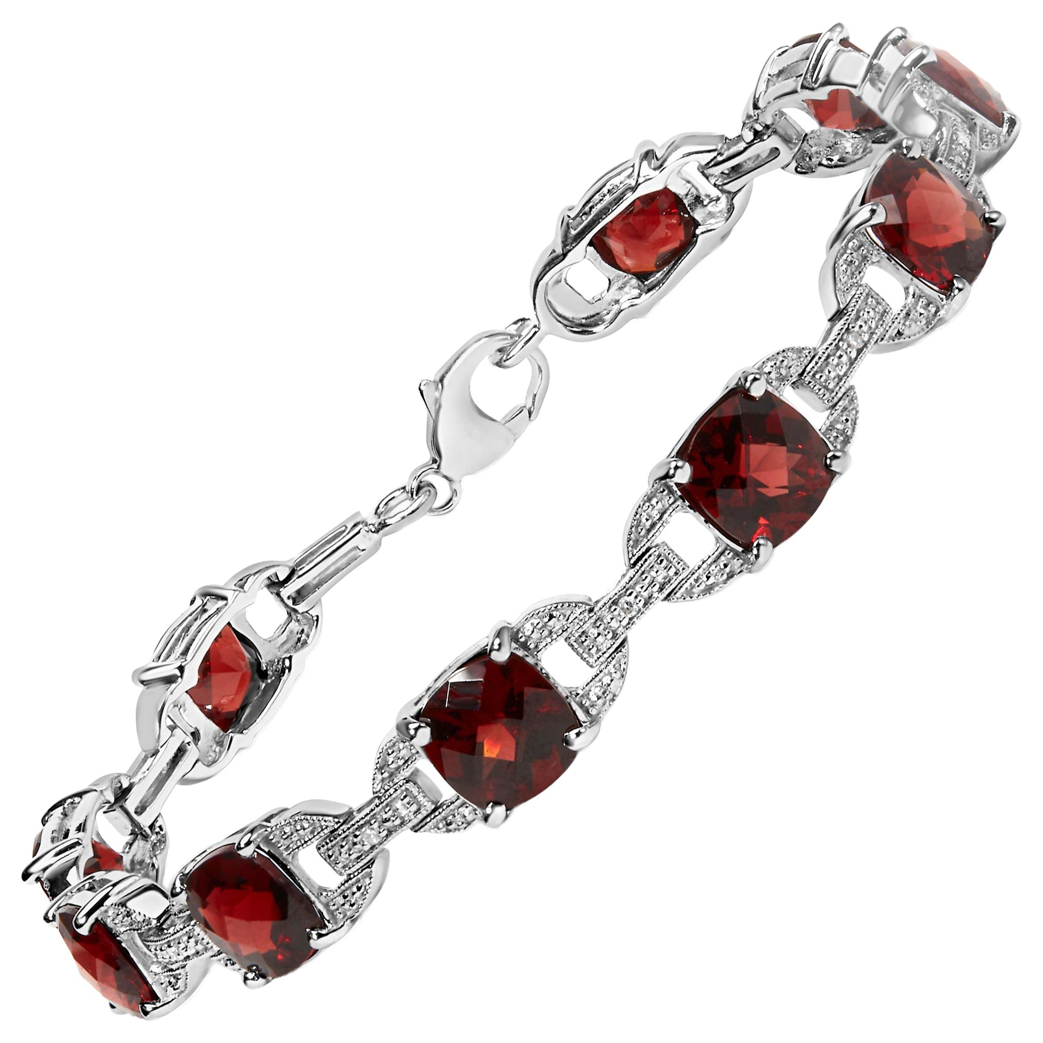 Sterling Silver Checkered Cushion Red Garnet and Diamond Accent Link Bracelet For Sale