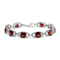 Sterling Silver Checkered Cushion Red Garnet and Diamond Accent Link Bracelet