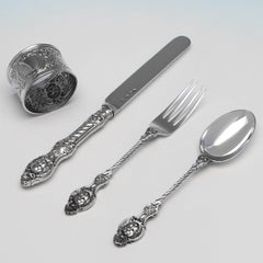Ornate Antique Victorian Sterling Silver Child's Knife Fork Spoon & Napkin Ring