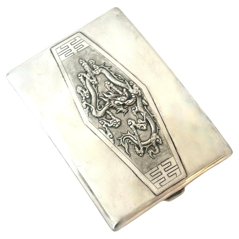 chinese cigarette holder Novelty Ad Cigarette Case w/Built in Lighter Metal Wallet Antique Chinese Export Silver Cigarette