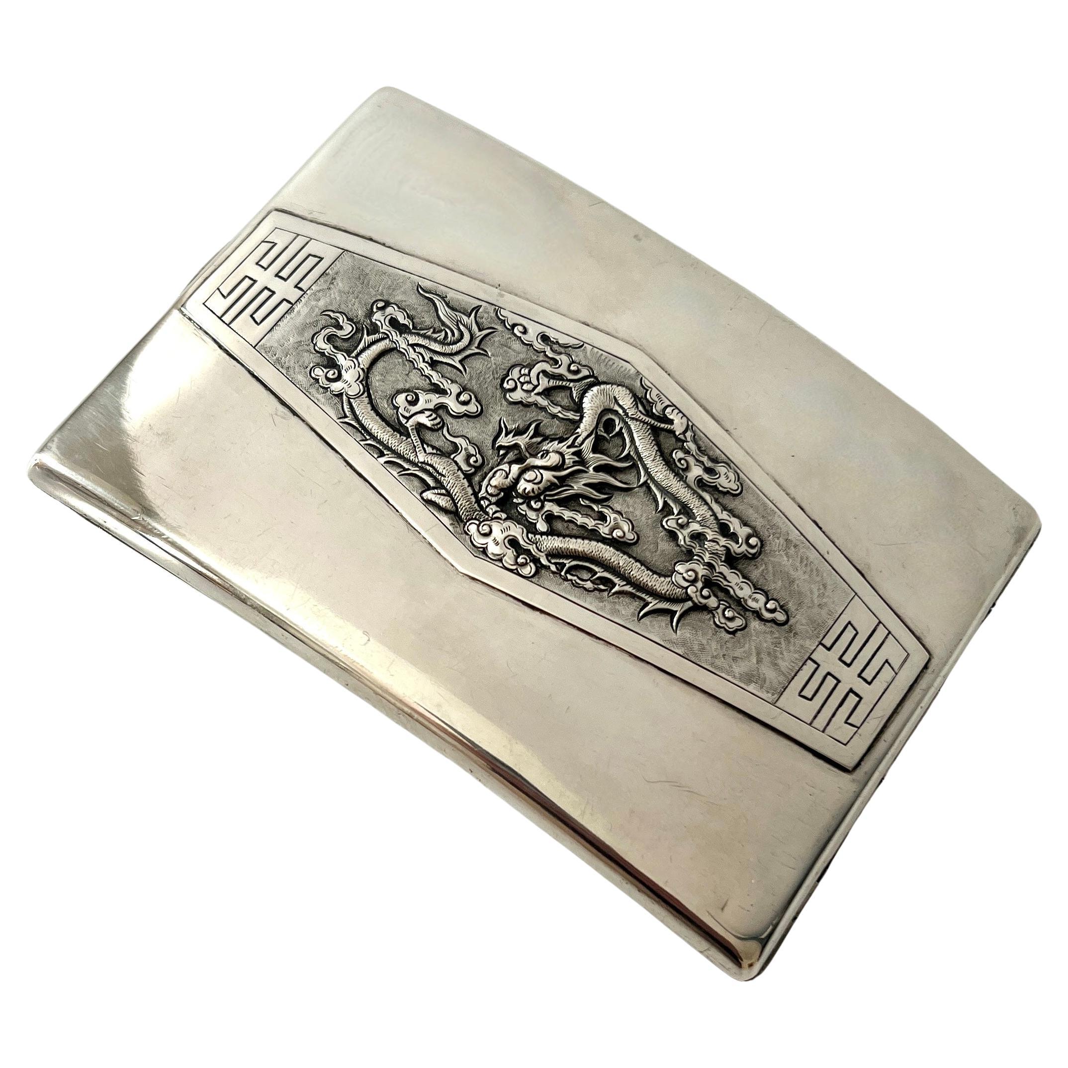 Sterling Silver Chinese Cigarette 420 Business Card Holder with Repoussé Dragon