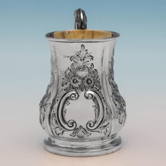 Chased Victorian Antique Sterling Silver Christening Mug by Aston & Sons in 1858