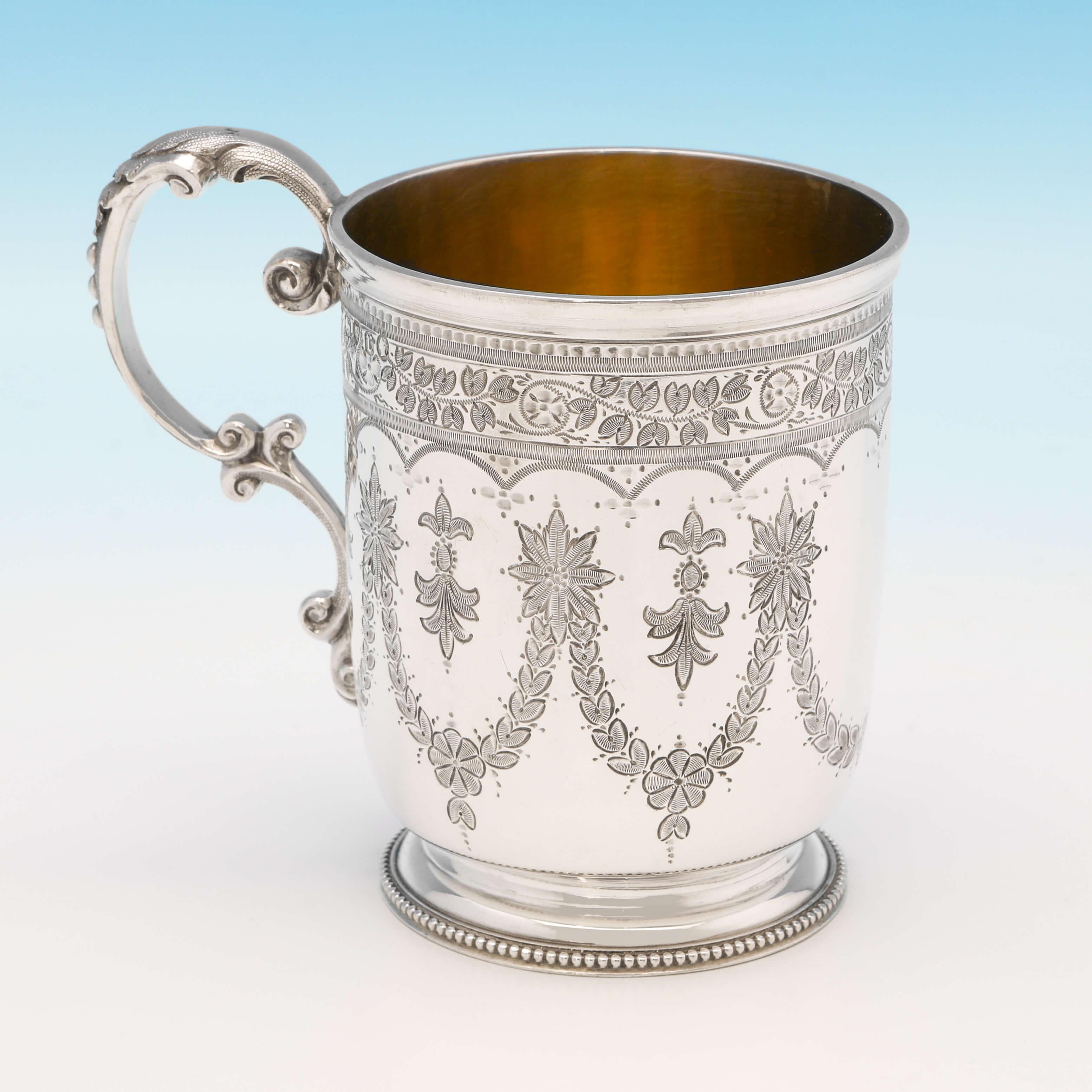 English Victorian Engraved Antique Sterling Silver Christening Mug from 1872
