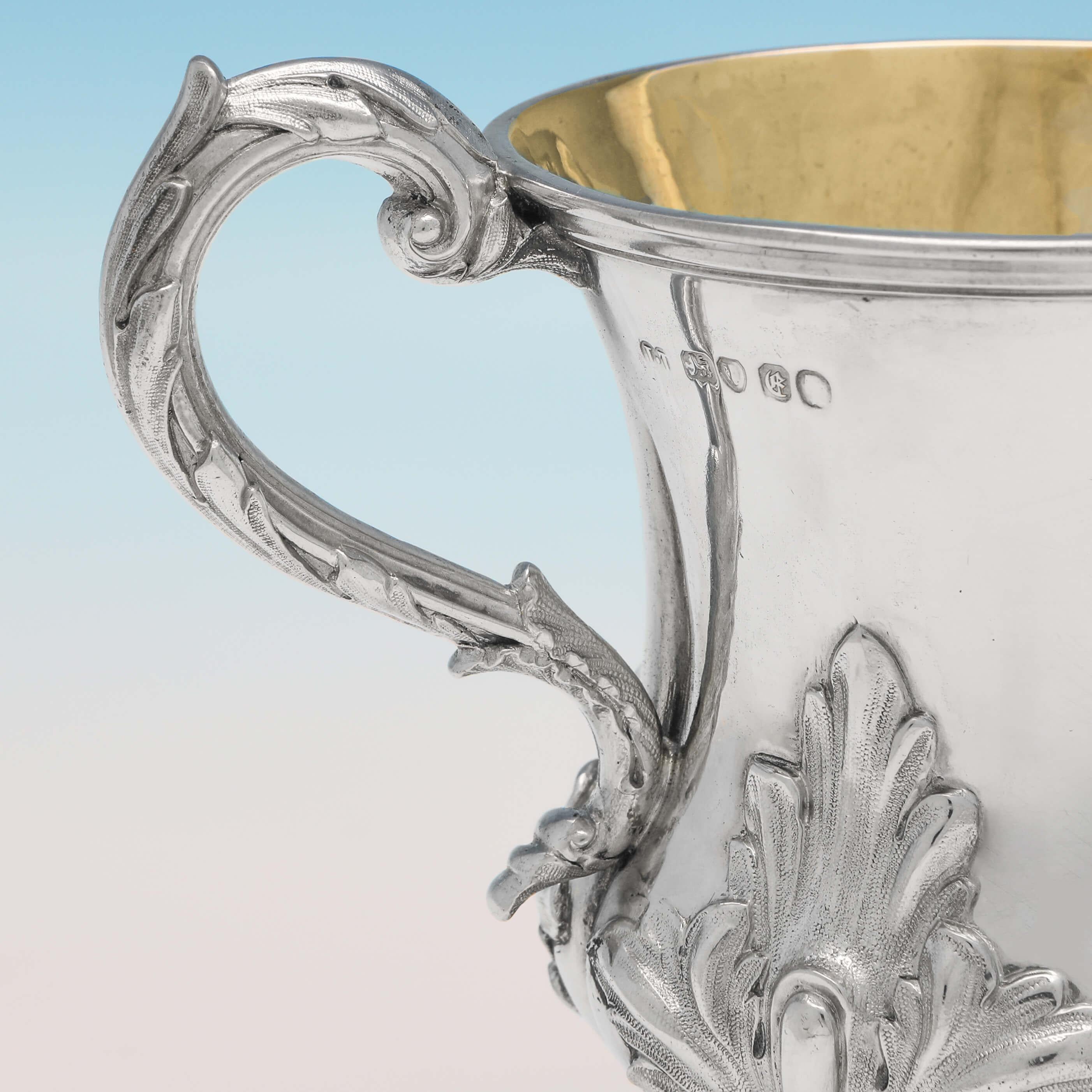 English Acanthus Decorated Victorian Sterling Silver Christening Mug from 1840