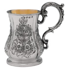Chased Victorian Antique Sterling Silver Christening Mug by Aston & Sons in 1858