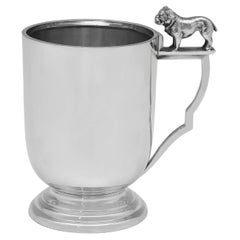 Art Deco Sterling Silver Childs Mug - Christening Gift - Bulldog Handle - 1937