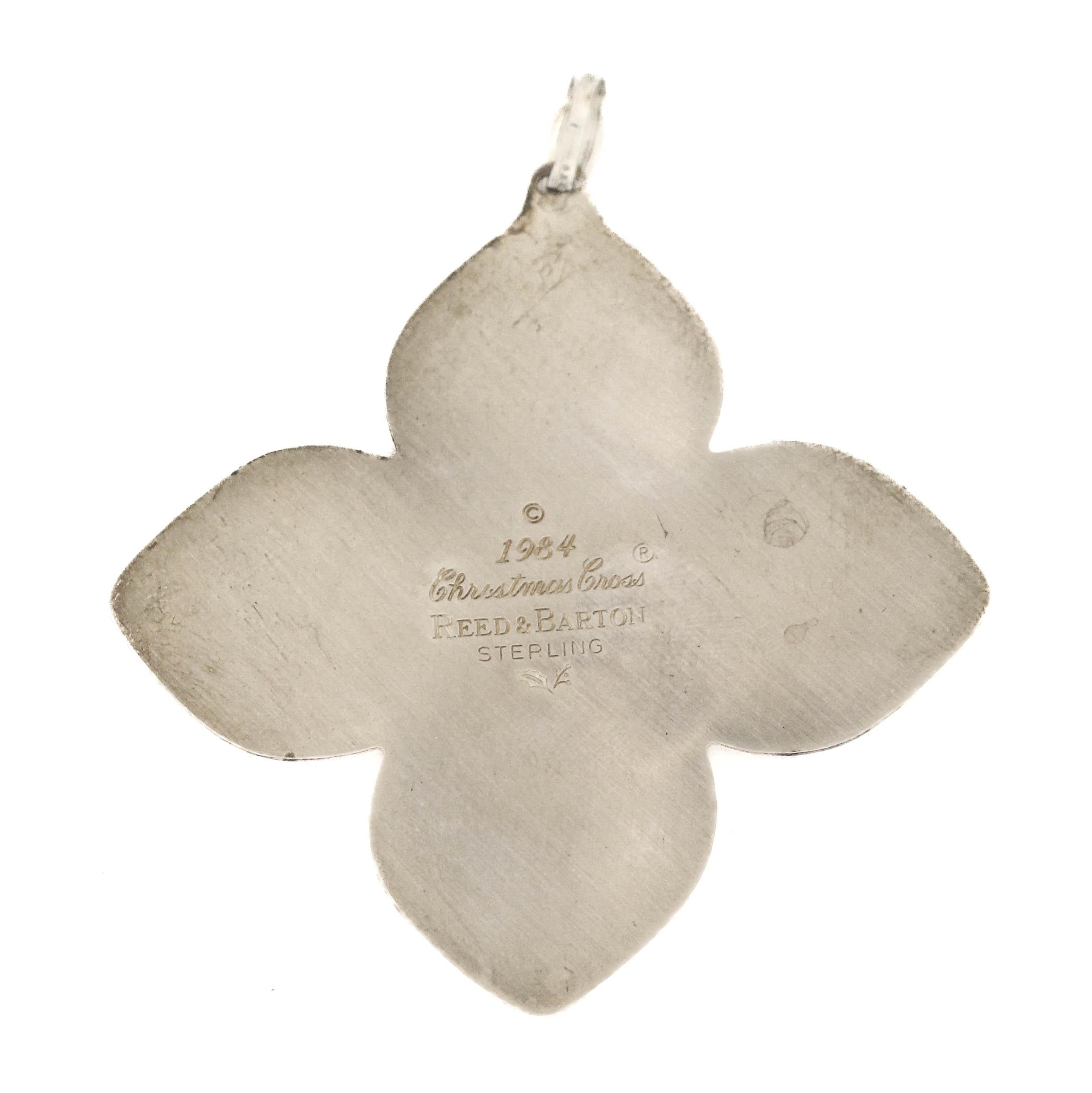 Being offered is a sterling silver Christmas ornament by Reed and Barton dated 1982.  It is the “Christmas Cross” ornament, just in time for the holidays! Merry Christmas.