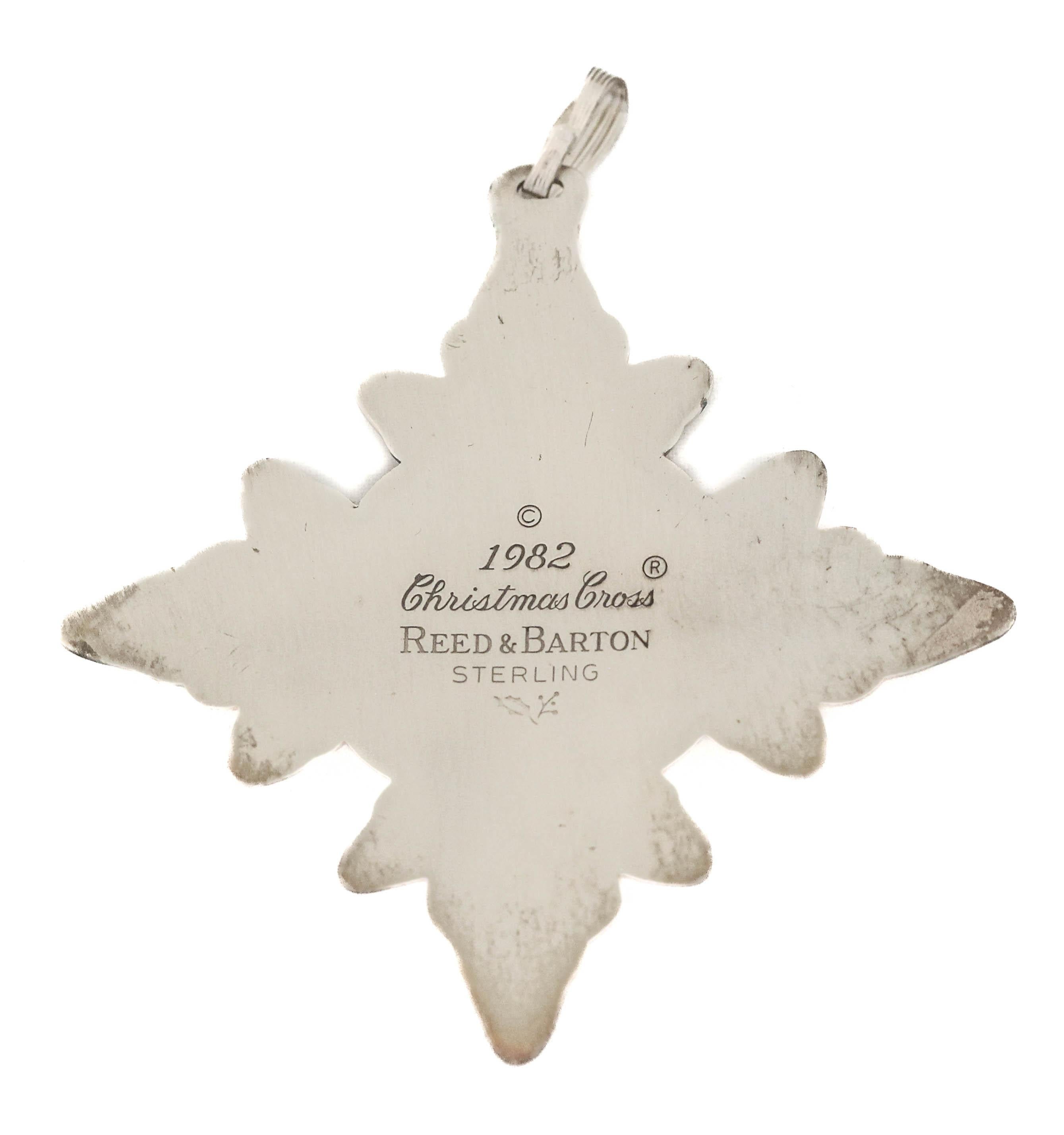 Being offered is a sterling silver Christmas ornament by Reed and Barton dated 1982.  It’s a fancy designed cross with an ornate scalloped pattern around it.  Just in time for the holidays…Merry Christmas!