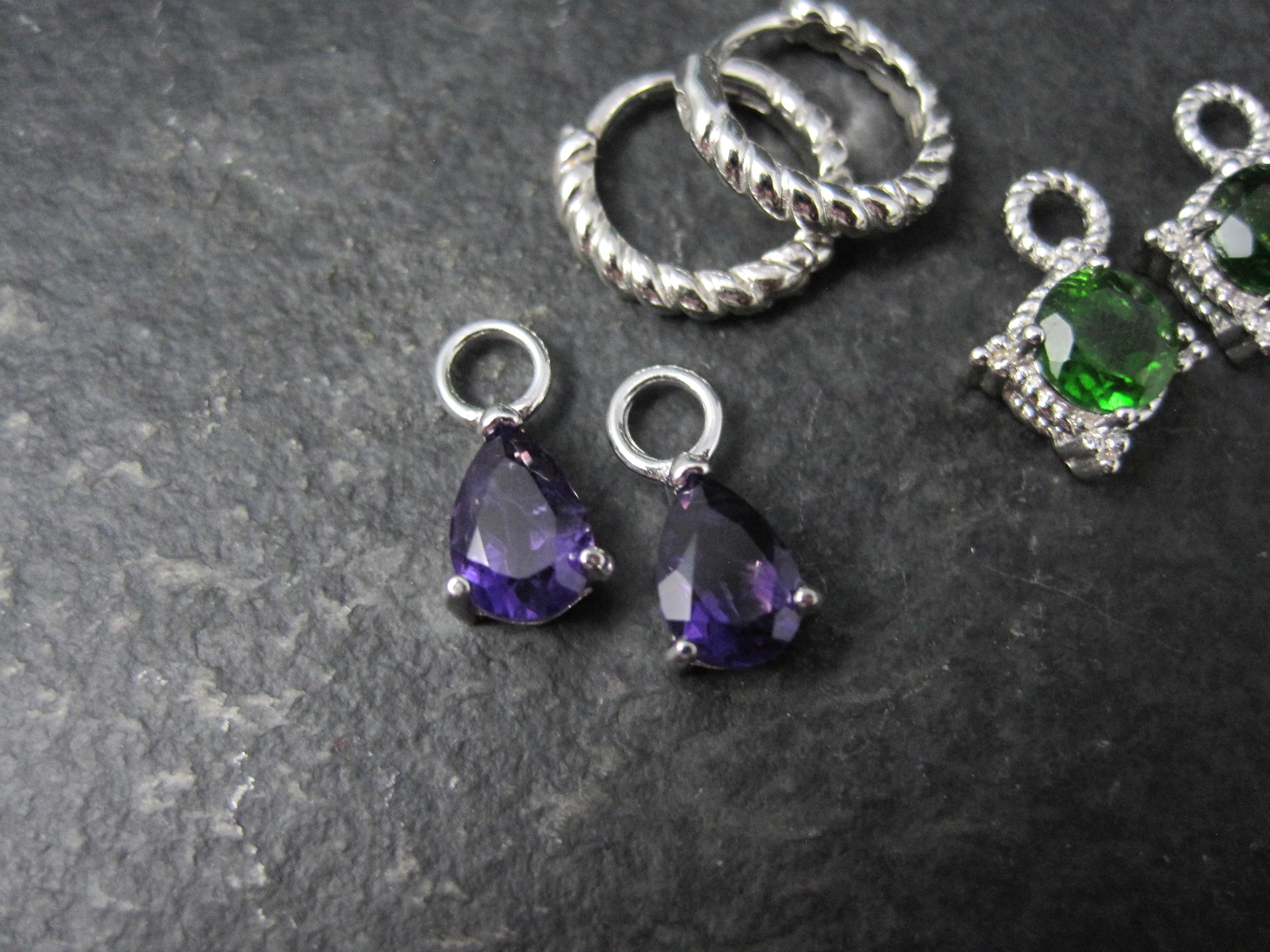 Mixed Cut Sterling Silver Chrome Diopside and Amethyst Hoop Earrings Interchangeable 1/2