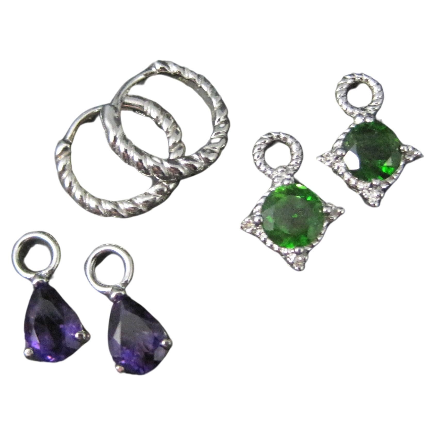 Sterling Silver Chrome Diopside and Amethyst Hoop Earrings Interchangeable 1/2"  For Sale