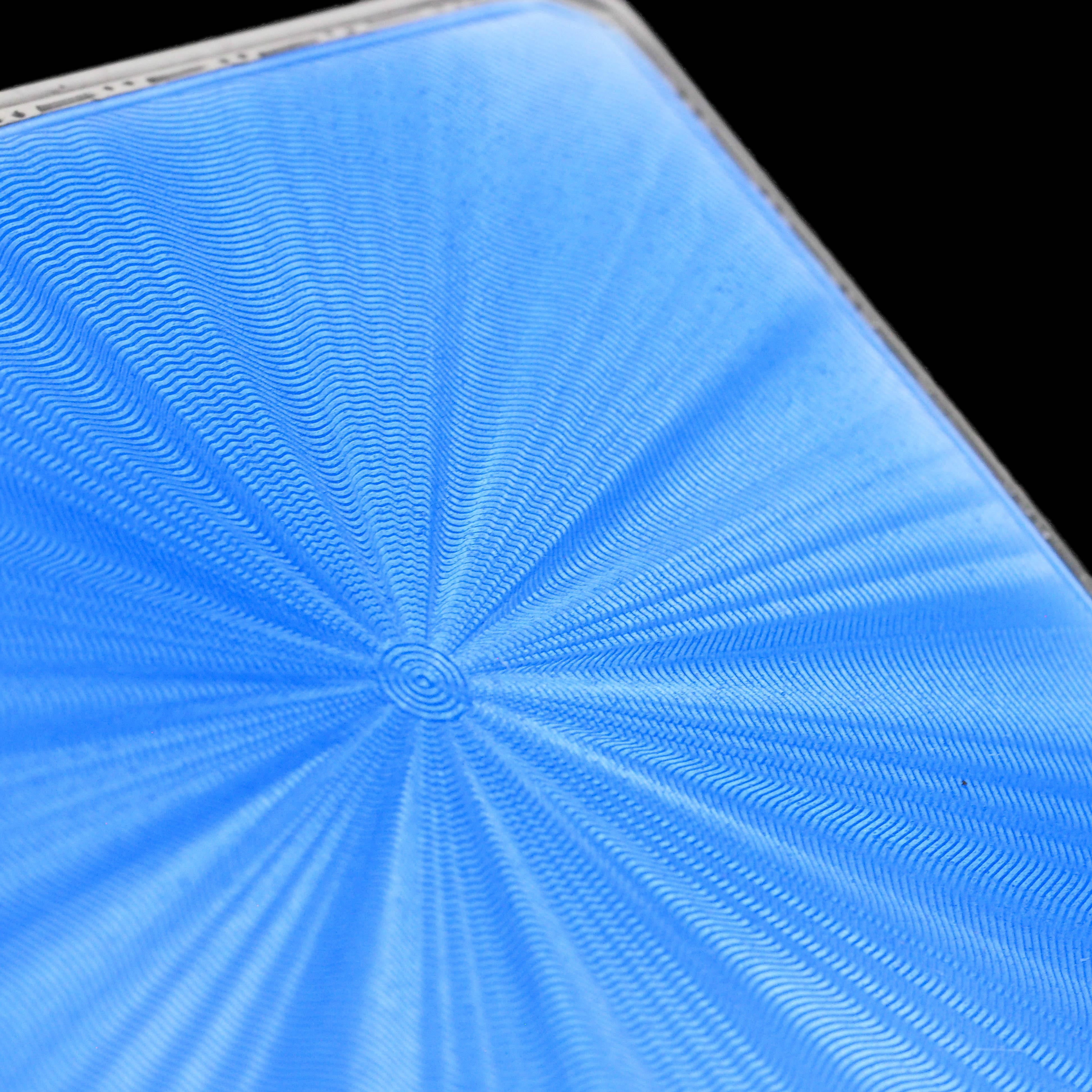 Sterling Silver Cigarette Case with Blue Sunburst Enamel Guilloche - 1937 For Sale 6