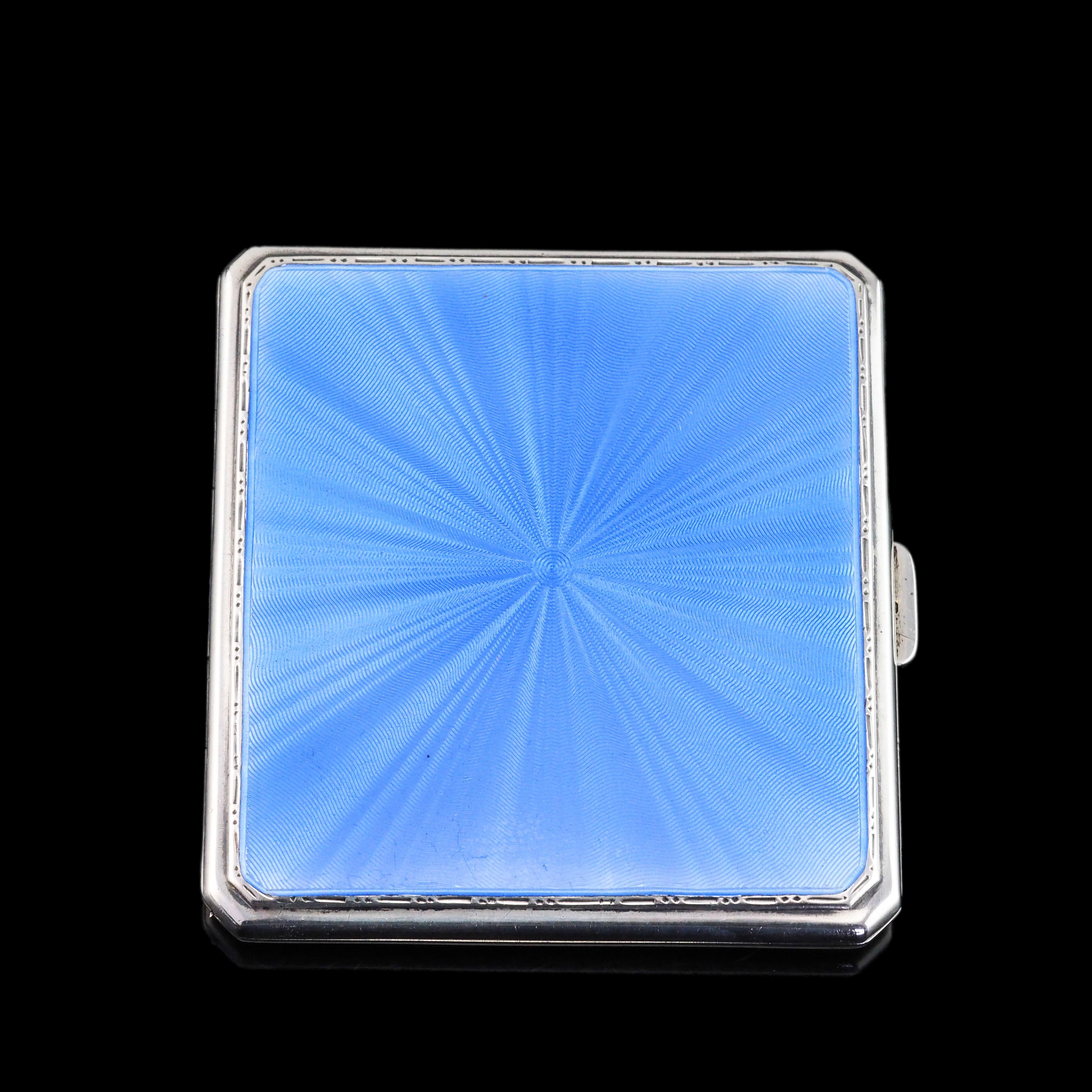 Sterling Silver Cigarette Case with Blue Sunburst Enamel Guilloche - 1937 For Sale 12