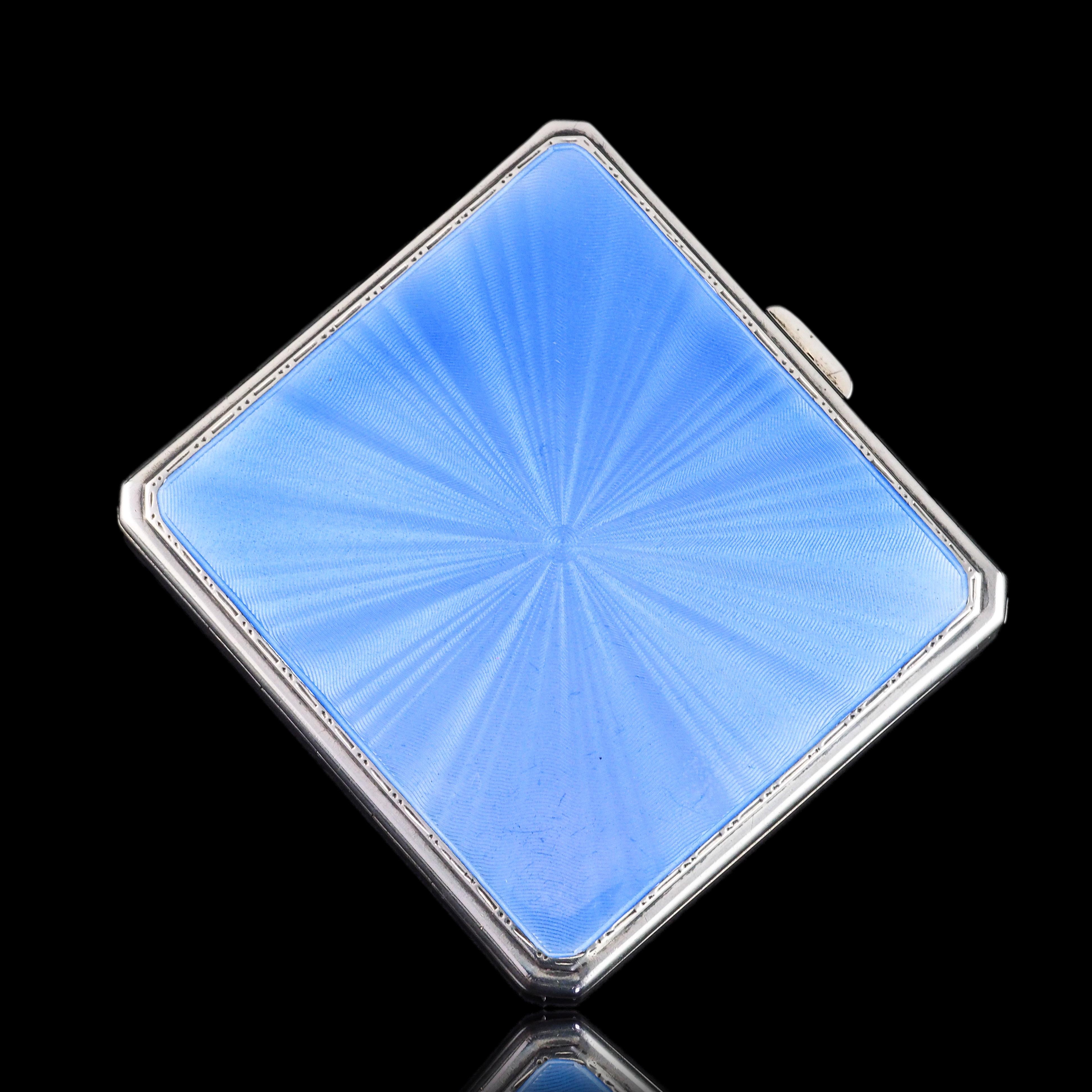 Sterling Silver Cigarette Case with Blue Sunburst Enamel Guilloche - 1937 For Sale 13