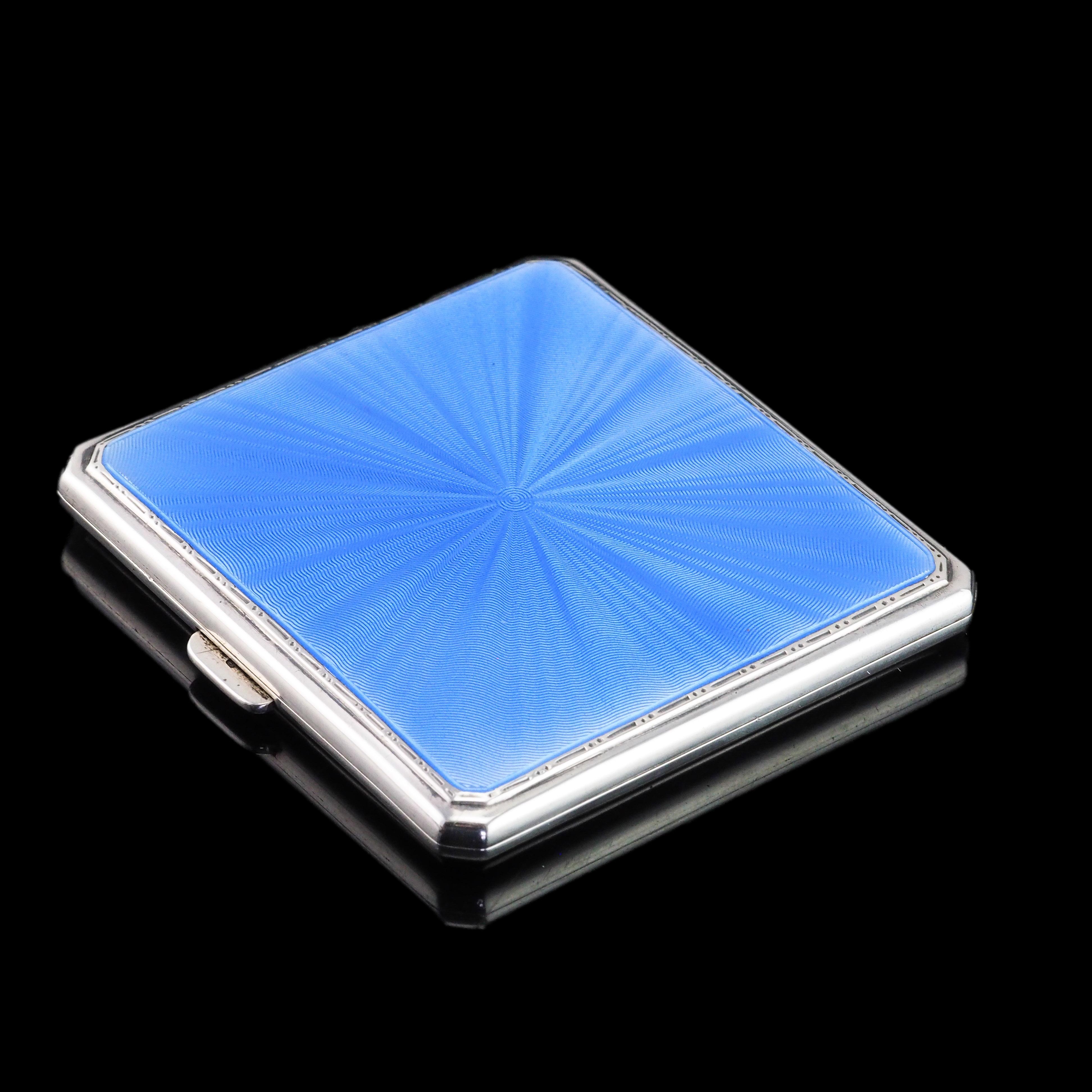 20th Century Sterling Silver Cigarette Case with Blue Sunburst Enamel Guilloche - 1937 For Sale