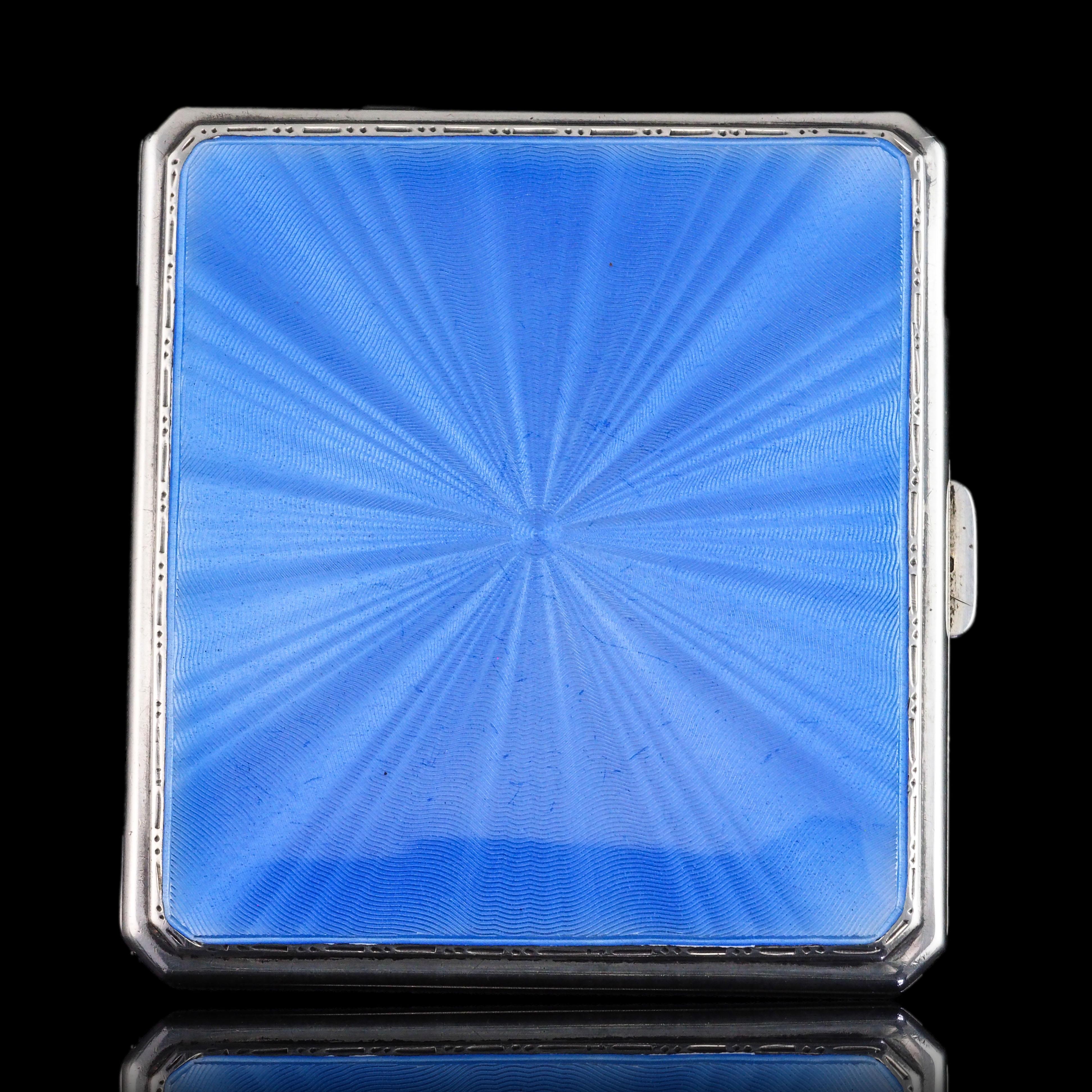Sterling Silver Cigarette Case with Blue Sunburst Enamel Guilloche - 1937 For Sale 1