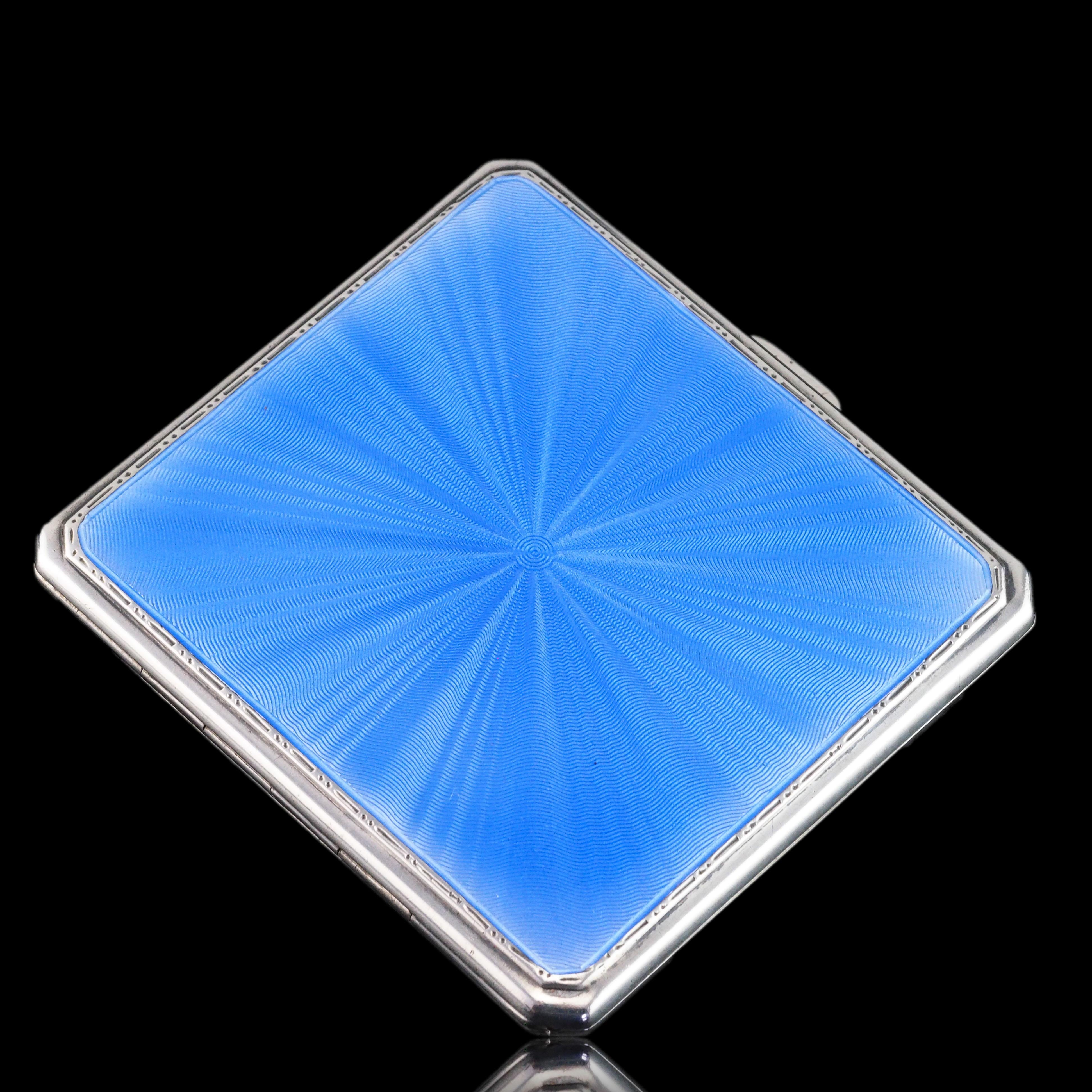 Sterling Silver Cigarette Case with Blue Sunburst Enamel Guilloche - 1937 For Sale 4