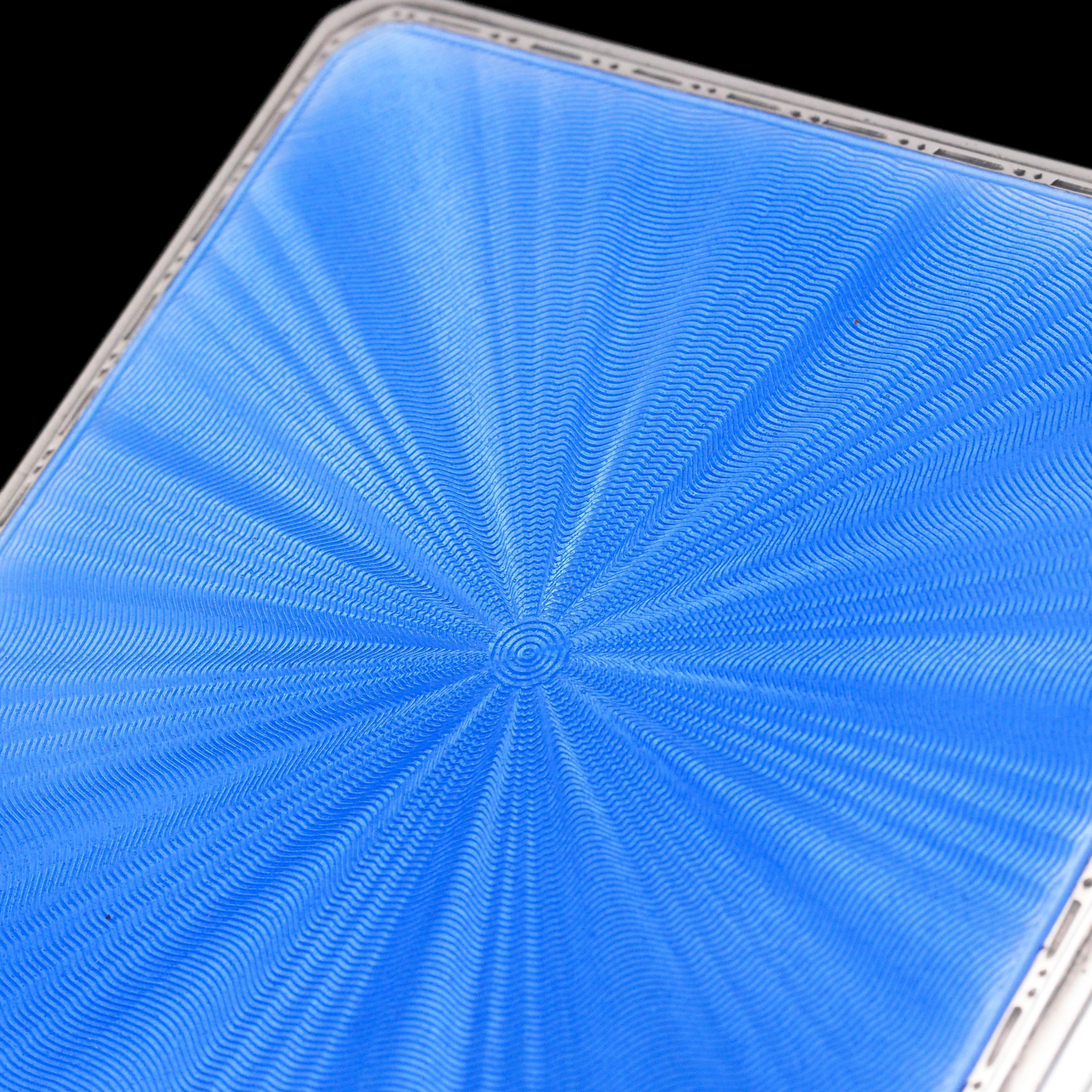 Sterling Silver Cigarette Case with Blue Sunburst Enamel Guilloche - 1937 5