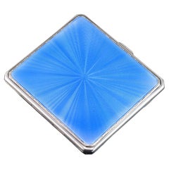 Antique Sterling Silver Cigarette Case with Blue Sunburst Enamel Guilloche - 1937