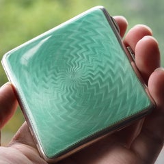 Sterling Silver Cigarette Case with Green Enamel Guilloche - William Neale & Son