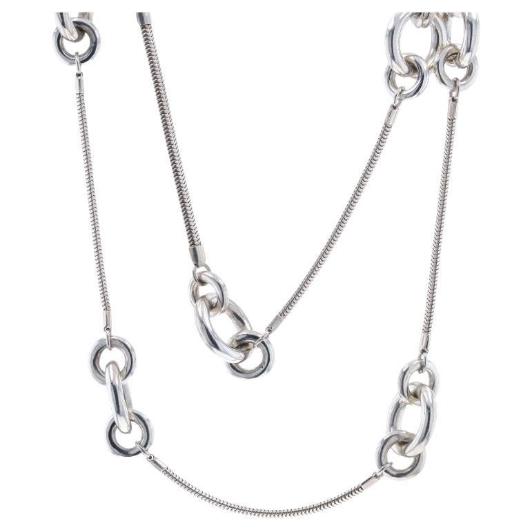 Sterling Silver Circle Link Station Necklace 31" - 925 Flat Snake Chain For Sale