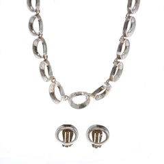 Sterling Silver Circle Link Stud Earrings & Necklace Set 16" 925 Clip-Ons