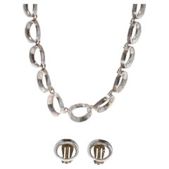 Sterling Silver Circle Link Stud Earrings & Necklace Set 16" 925 Clip-Ons