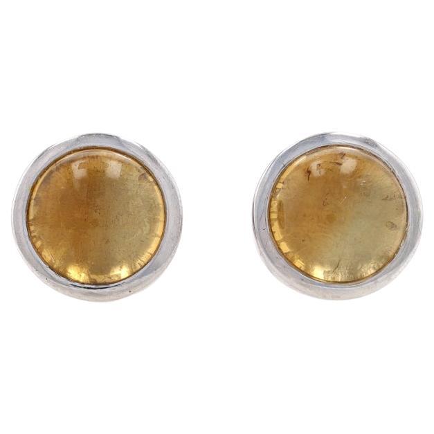 Sterling Silver Citrine Stud Earrings - 925 Round Cabochon Pierced For Sale