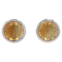 Sterling Silver Citrine Stud Earrings - 925 Round Cabochon Pierced