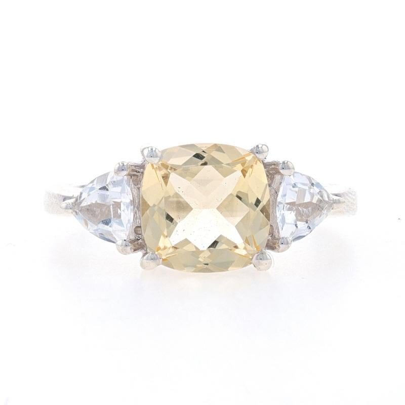 Size: 9
Sizing Fee: Up 2 sizes for $30 or Down 2 sizes for $30

Metal Content: Sterling Silver

Stone Information

Natural Citrine
Treatment: Heating
Carat(s): 2.00ct
Cut: Cushion
Color: Light Yellow

Natural White Topaz
Carat(s): .70ctw
Cut: