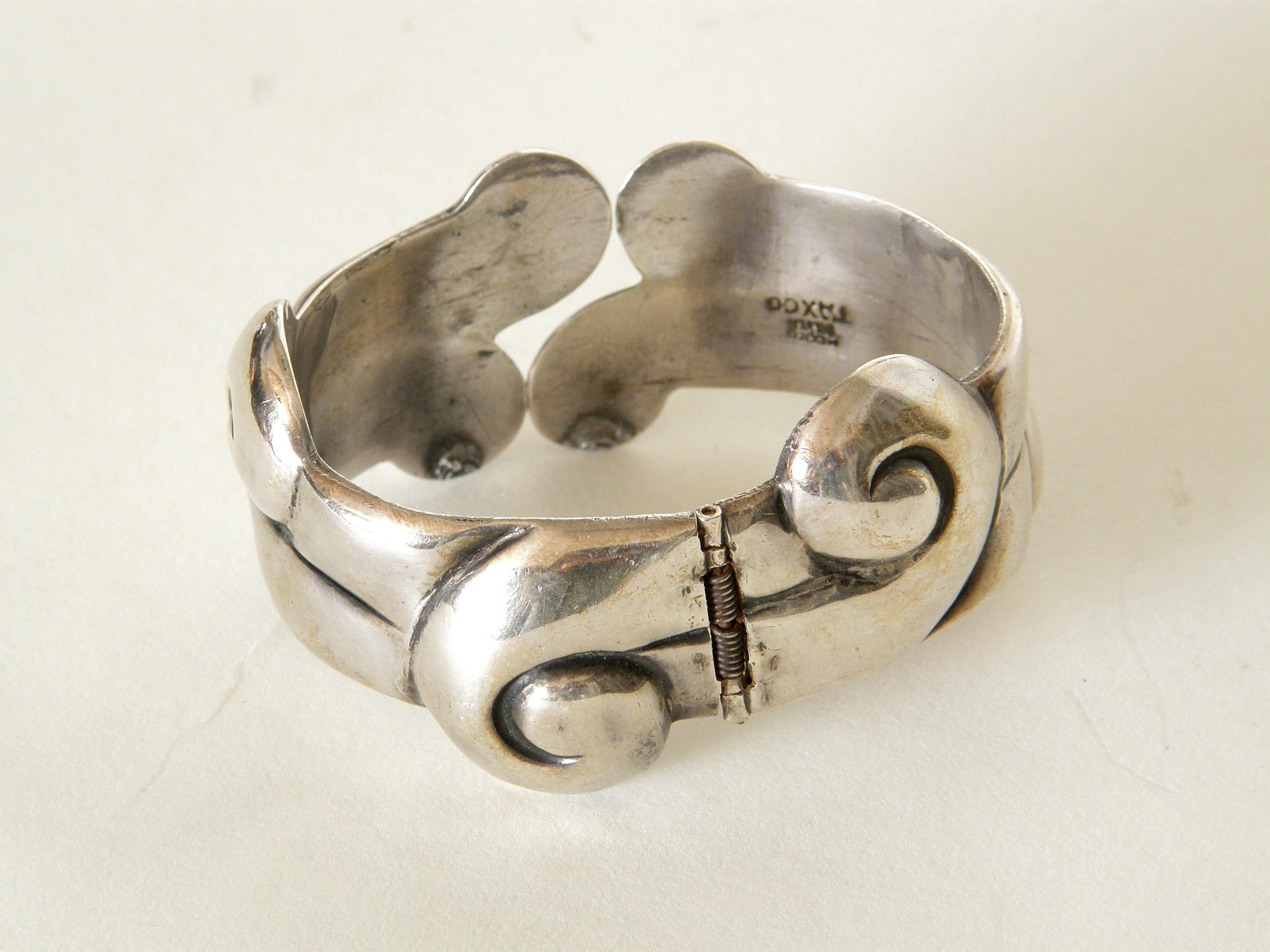 Women's or Men's Sterling Silver Clamper Bracelet Made in Taxco Mexico with Wind or Waves Design For Sale