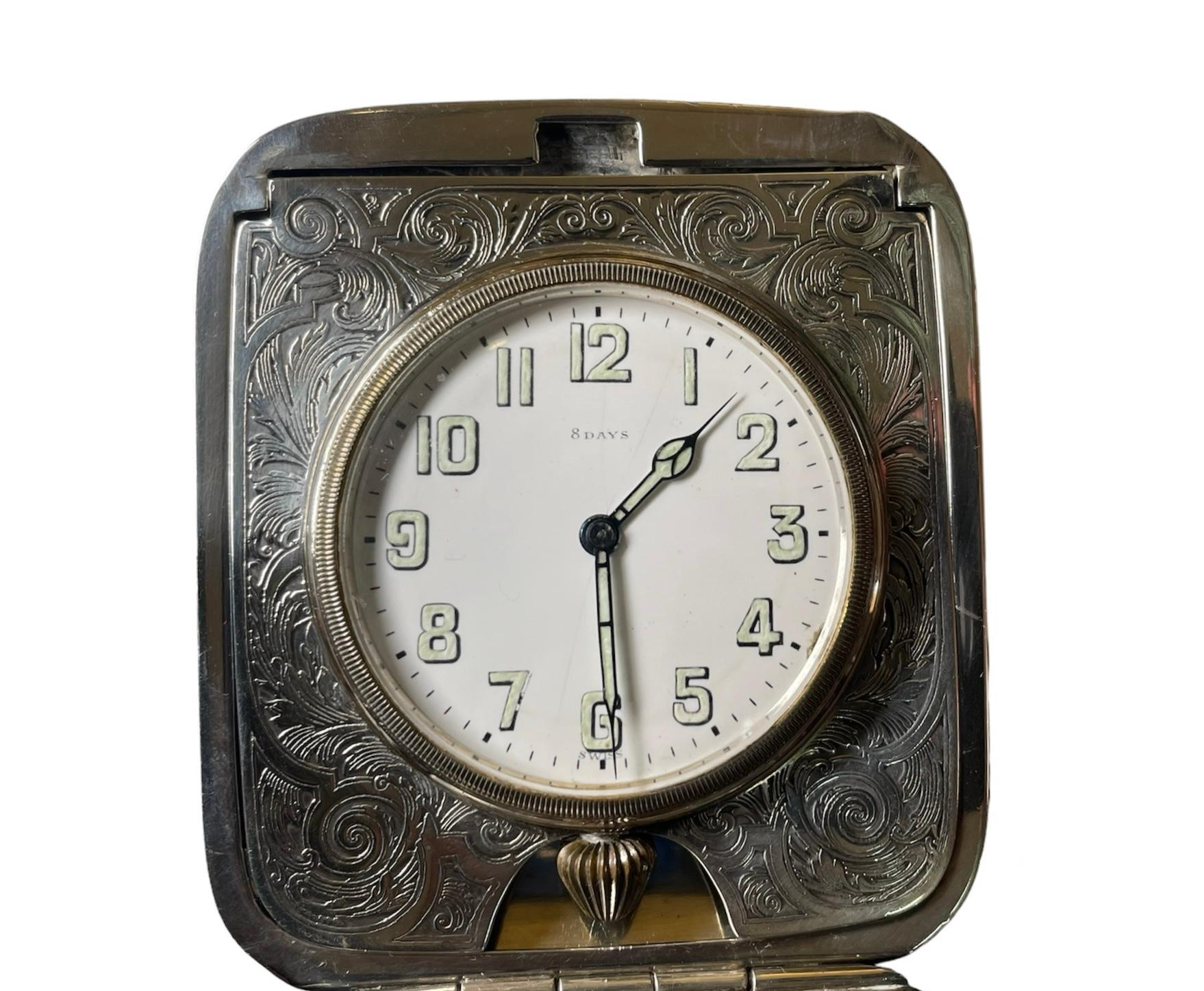 Sterling Silver Clamshell Case Travel Eight Days Clock For Sale 4
