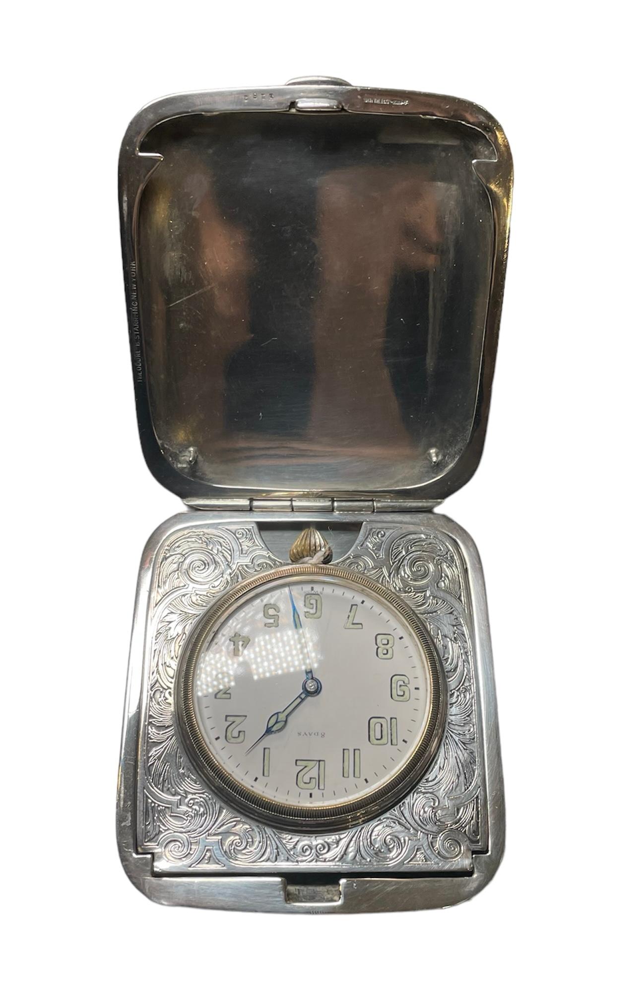 Sterling Silver Clamshell Case Travel Eight Days Clock For Sale 5