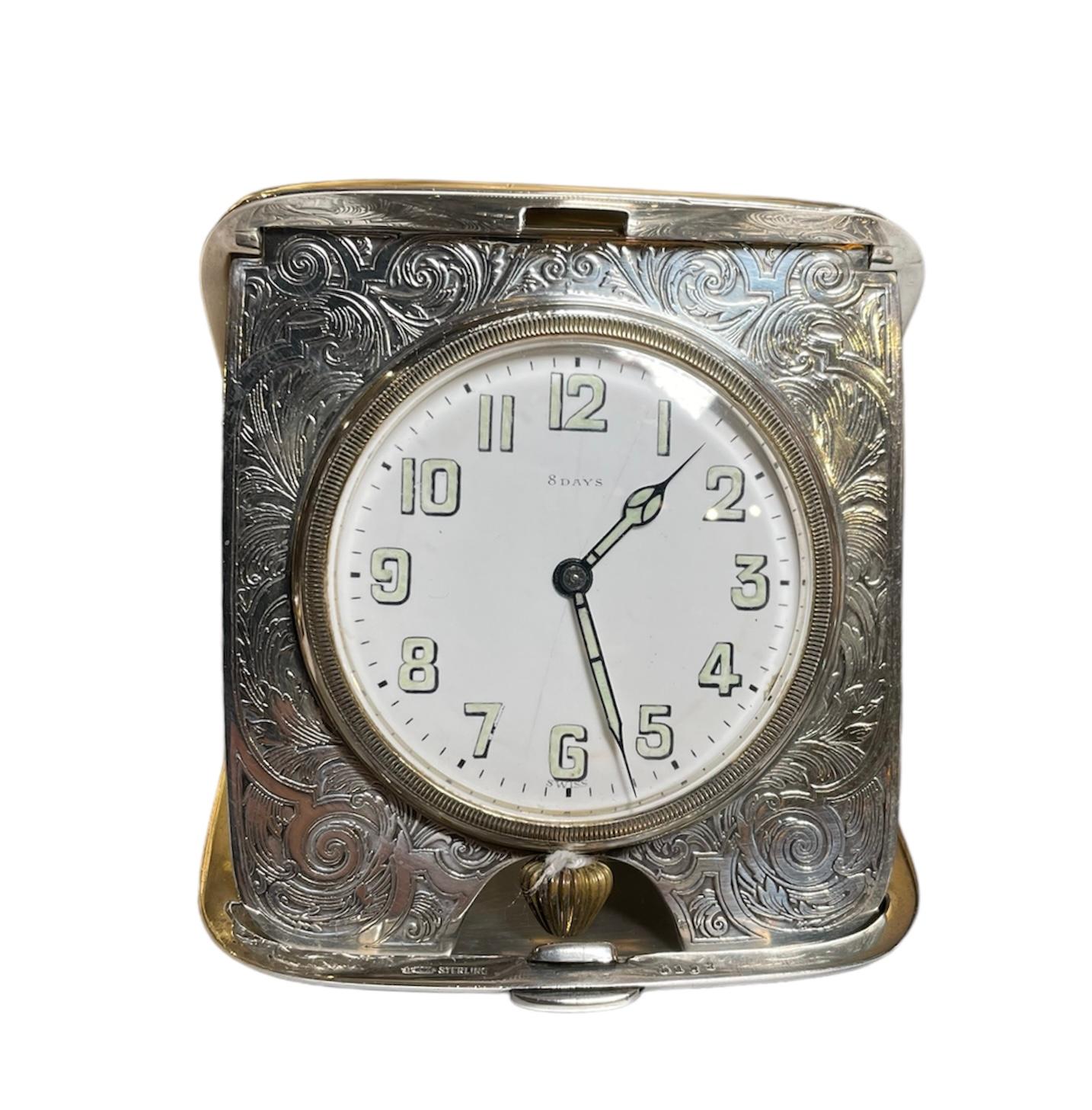 Sterling Silver Clamshell Case Travel Eight Days Clock For Sale 9