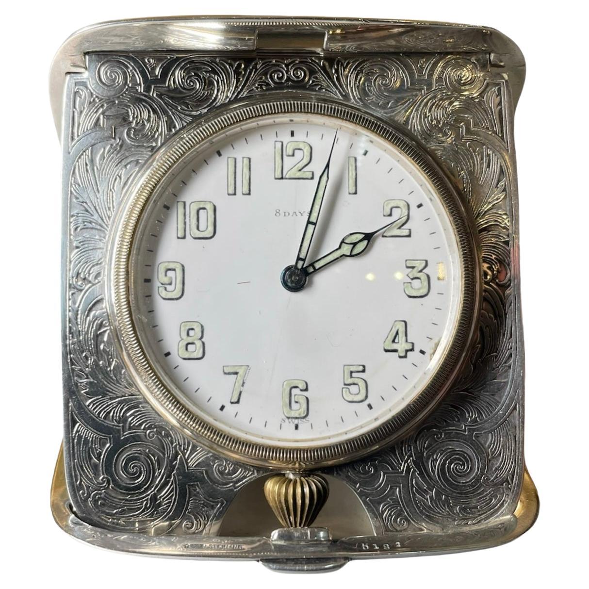 Sterling Silver Clamshell Case Travel Eight Days Clock