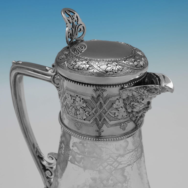 English Victorian Etched Glass & Engraved Antique Sterling Silver Claret Jug - 1875  For Sale