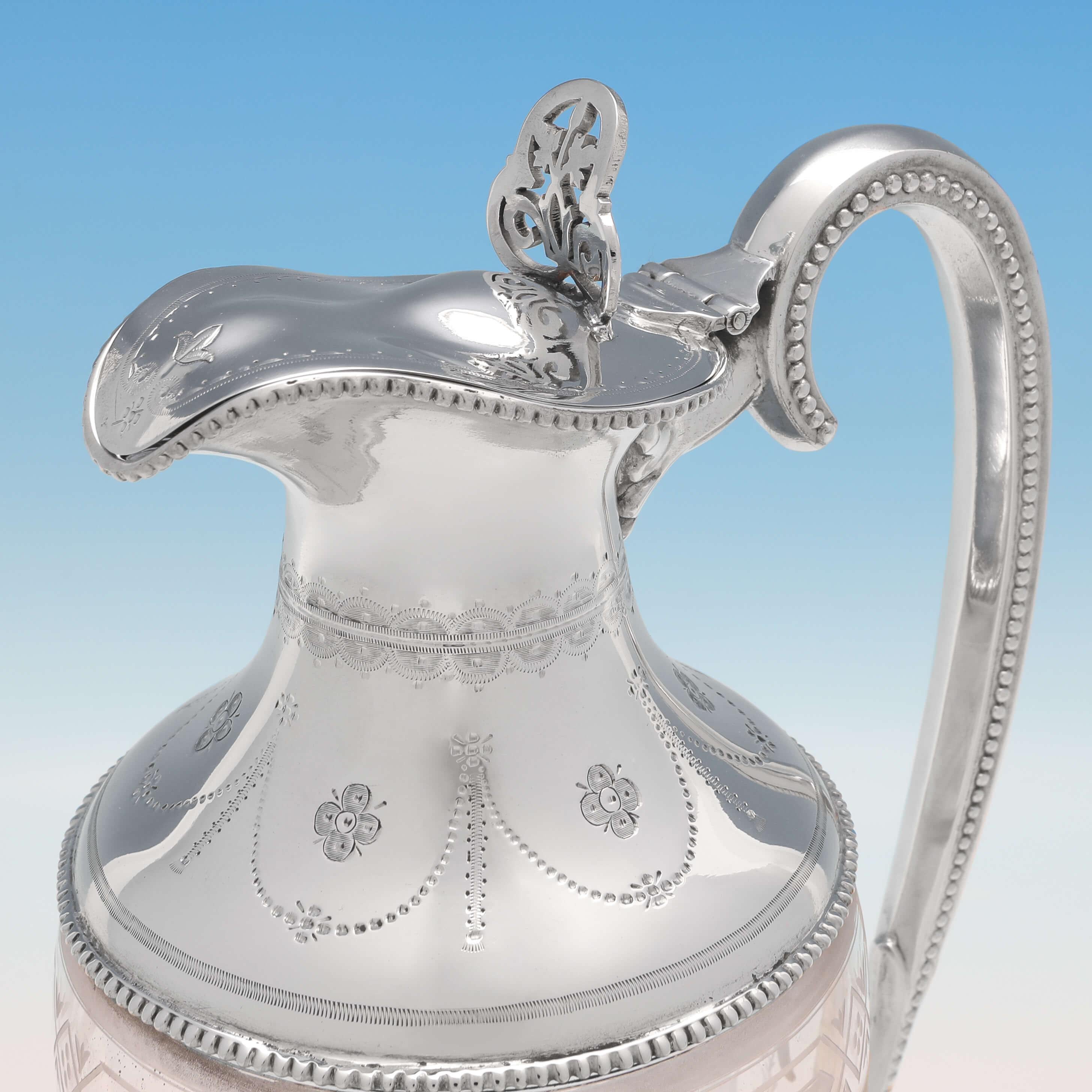 Etched Glass Victorian Antique Sterling Silver Claret Jug from 1868 In Good Condition In London, London