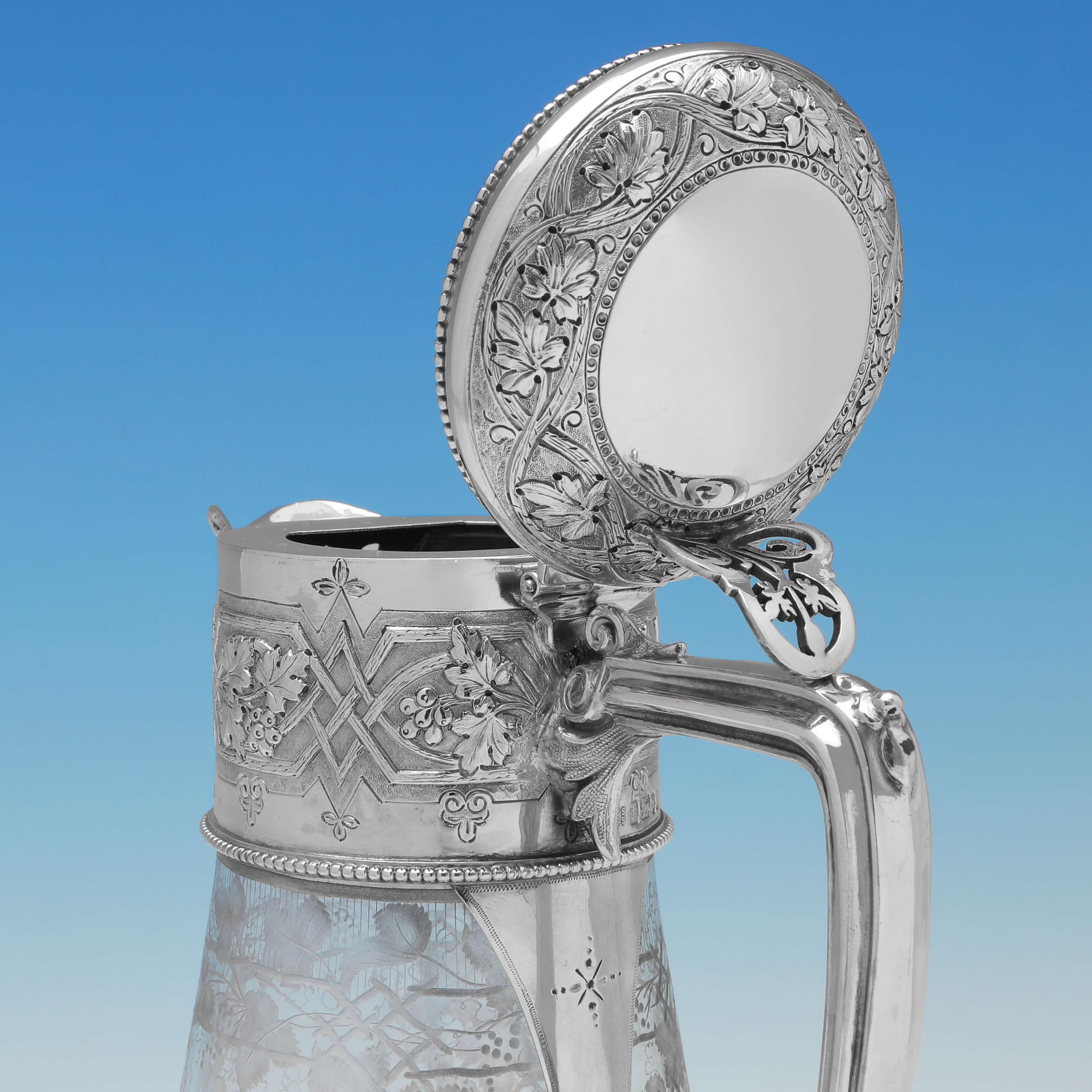 English Victorian Etched Glass & Engraved Antique Sterling Silver Claret Jug - 1875