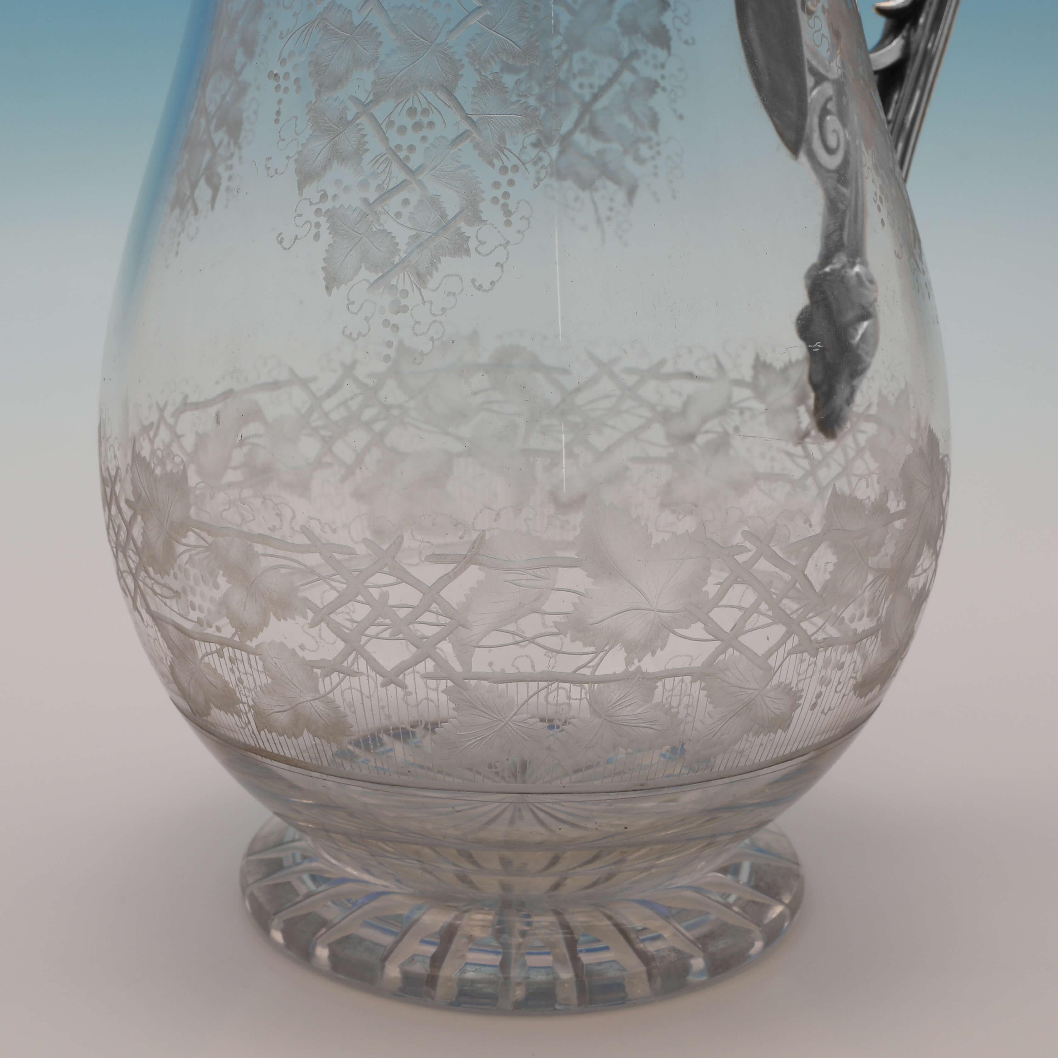 Victorian Etched Glass & Engraved Antique Sterling Silver Claret Jug - 1875 In Good Condition In London, London