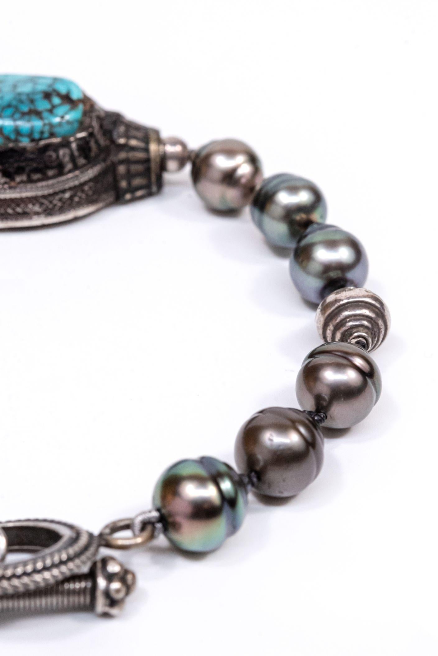 Sterling Silver Clasp Tibetan Turquoise Tahitian Pearls Beaded Bracelet For Sale 9