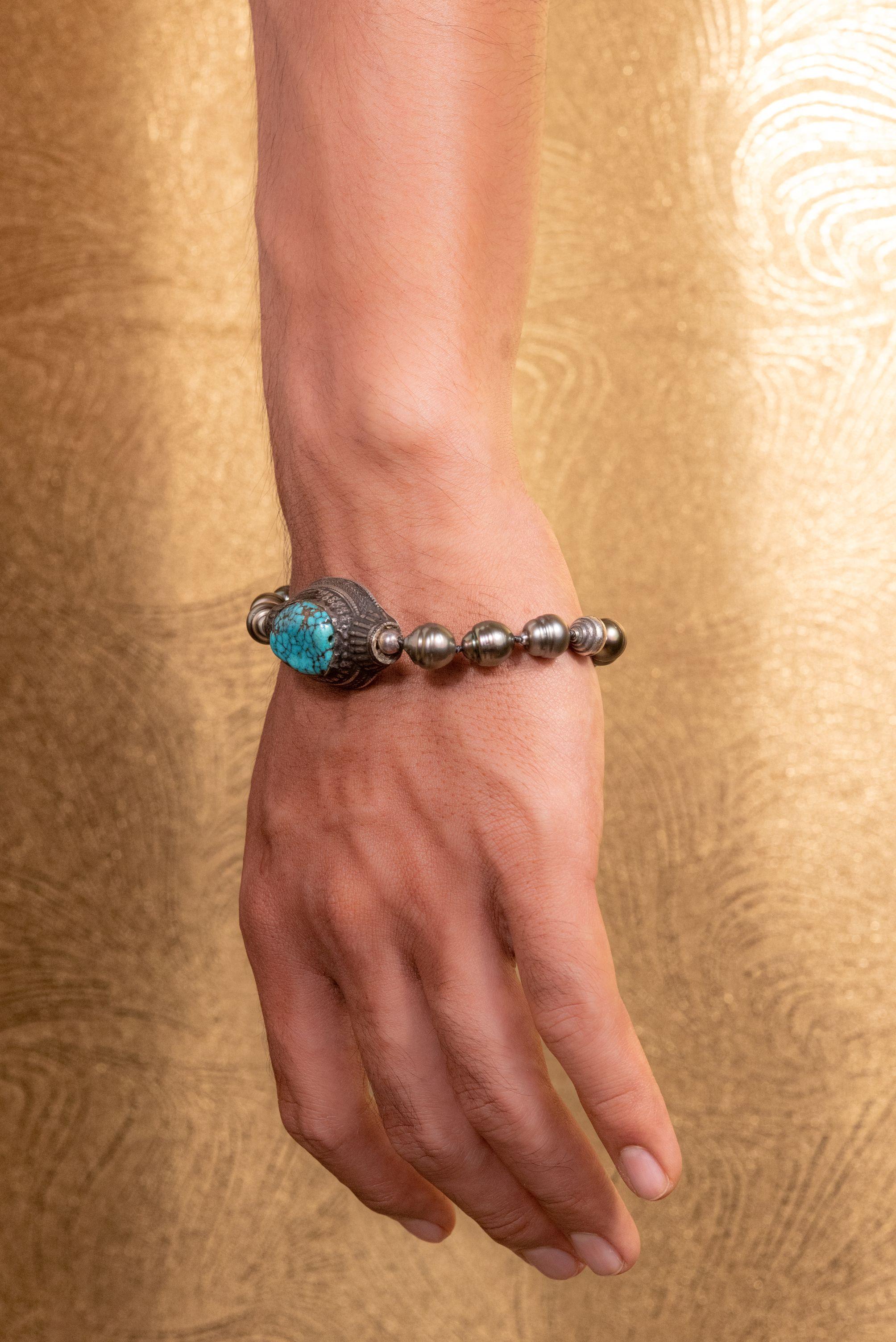 Modern Sterling Silver Clasp Tibetan Turquoise Tahitian Pearls Beaded Bracelet For Sale