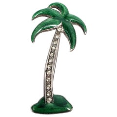 Vintage Sterling Silver Clear Stone Green Enamel Palm Tree Pin