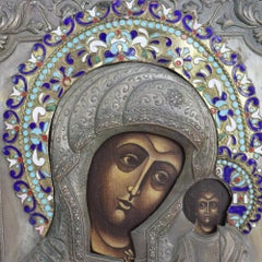 Sterling Silver & Cloisonne Enameled Russian Icon Kazanstaya Mother Of God c1900