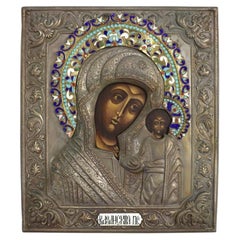 Sterling Silver & Cloisonne Enameled Russian Icon Kazanstaya Mother Of God c1900