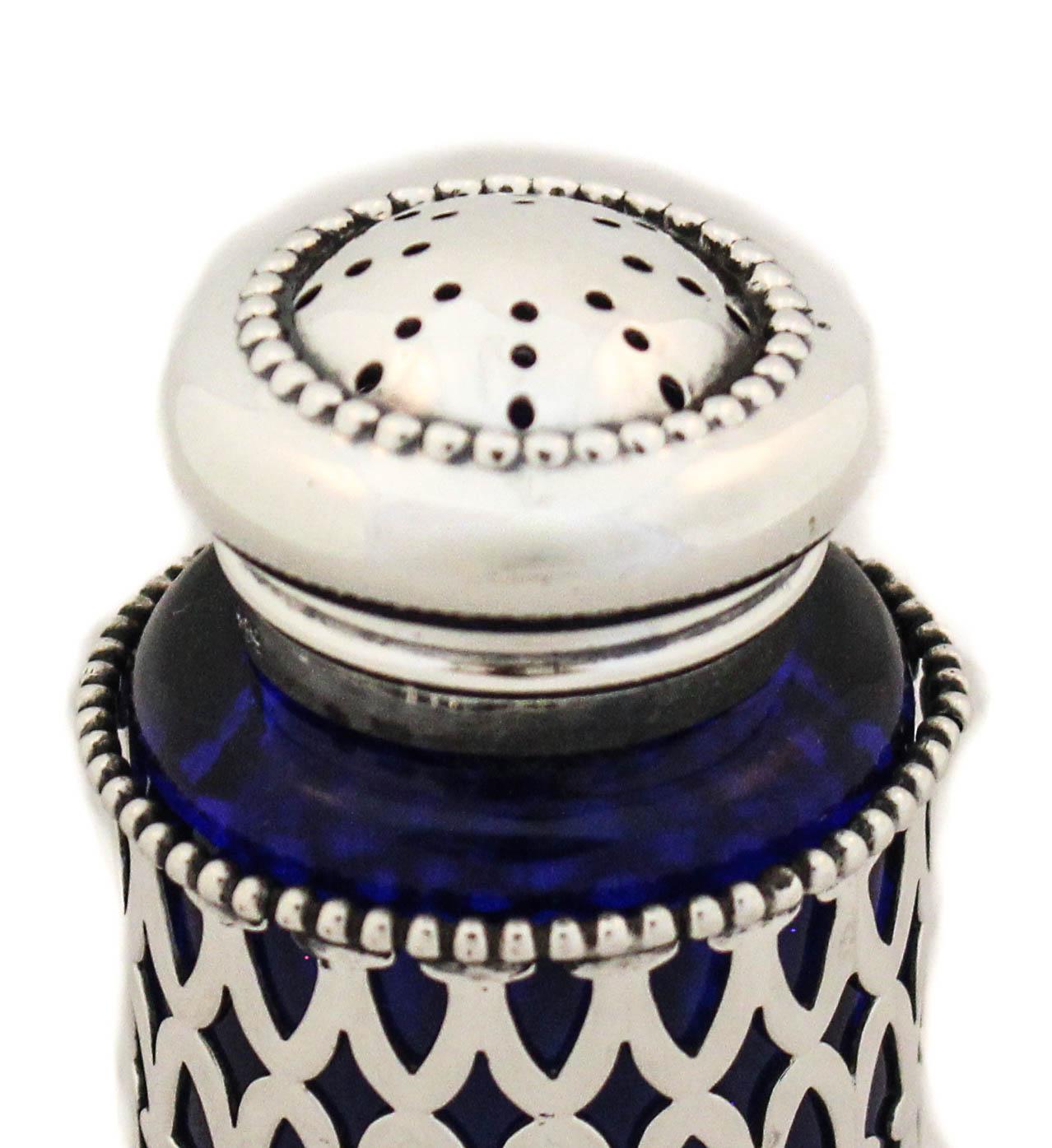 Sterling Silver Cobalt Salt Shakers In Excellent Condition For Sale In Brooklyn, NY