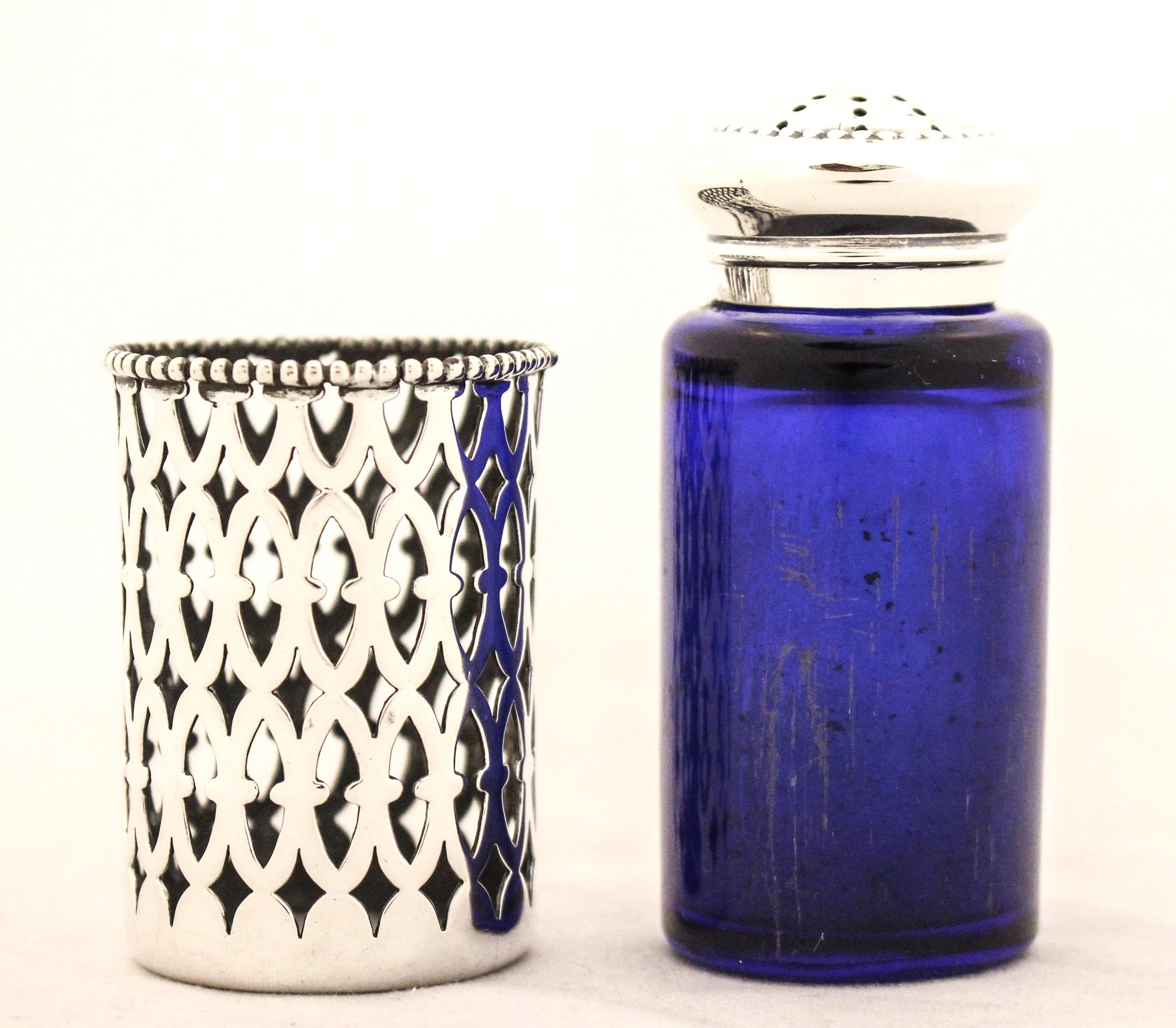 Early 20th Century Sterling Silver Cobalt Salt Shakers For Sale