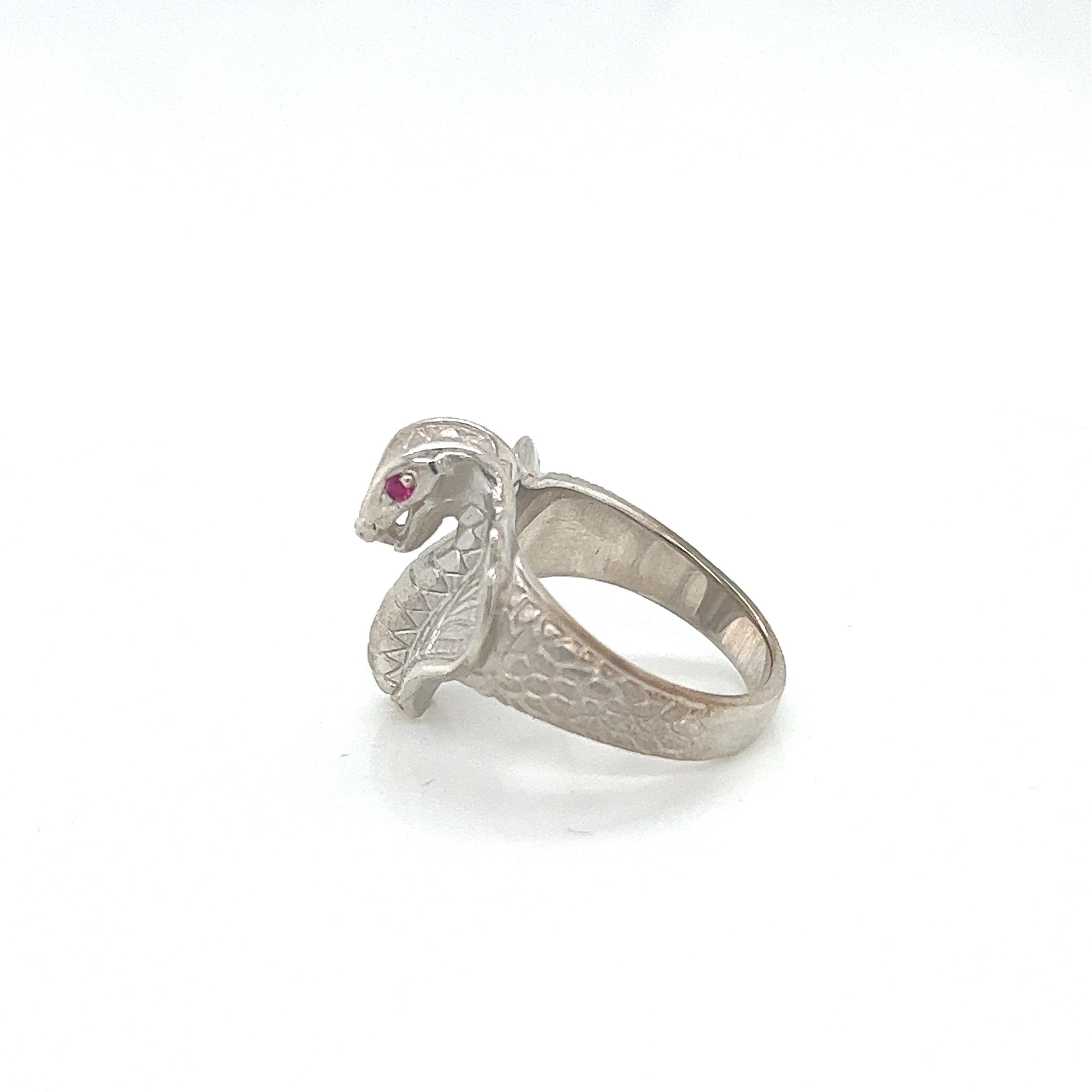 Women's or Men's Sterling Silver Cobra Snake Ring with Ruby Eyes For Sale