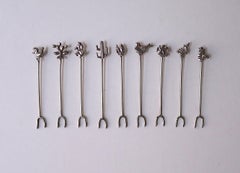 Sterling Silver Cocktail Appetizer Picks Mexican Charms, Set of 9