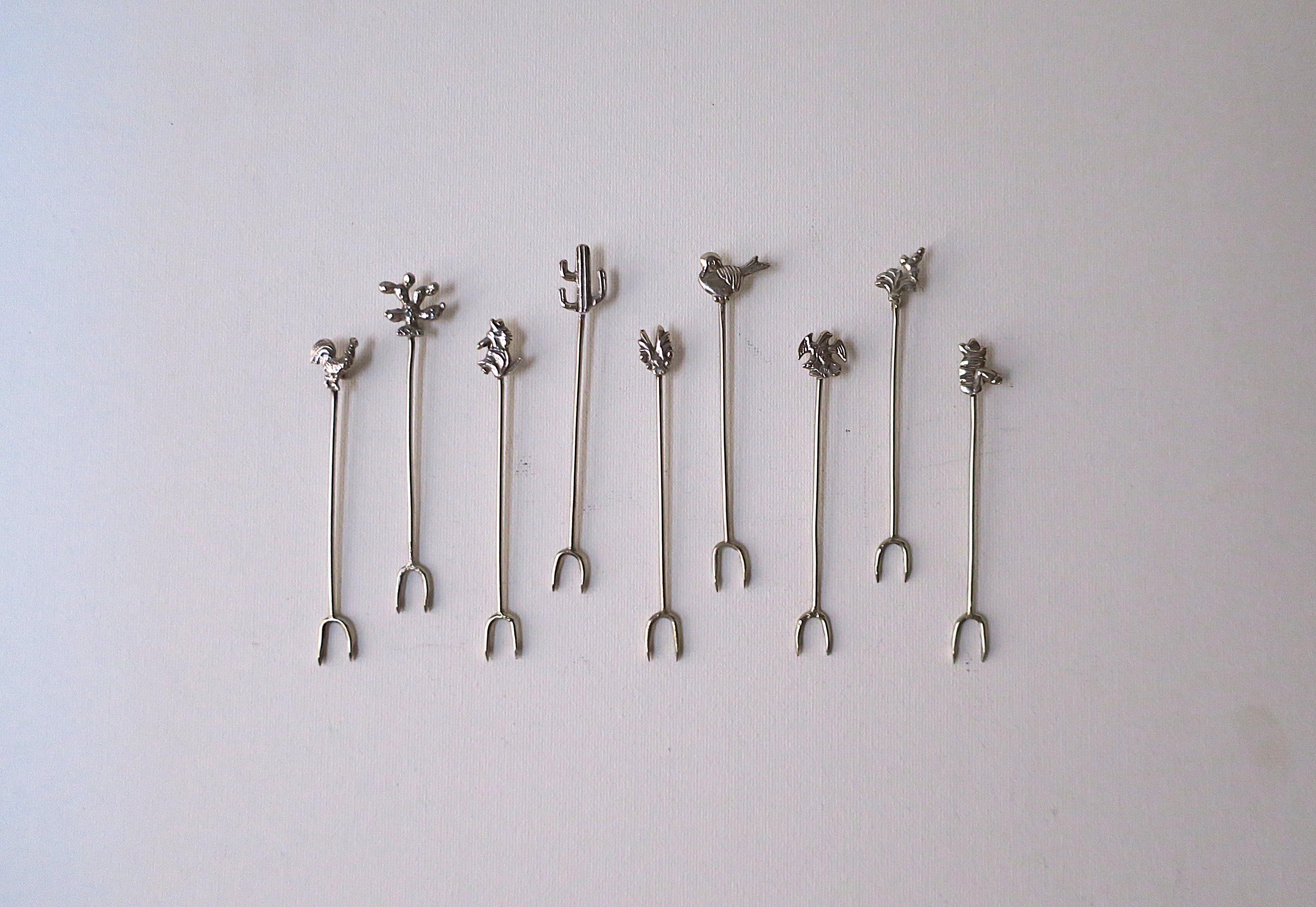 Mexicain Couverts pour cocktails mexicains avec breloques en argent sterling, lot de 9 en vente