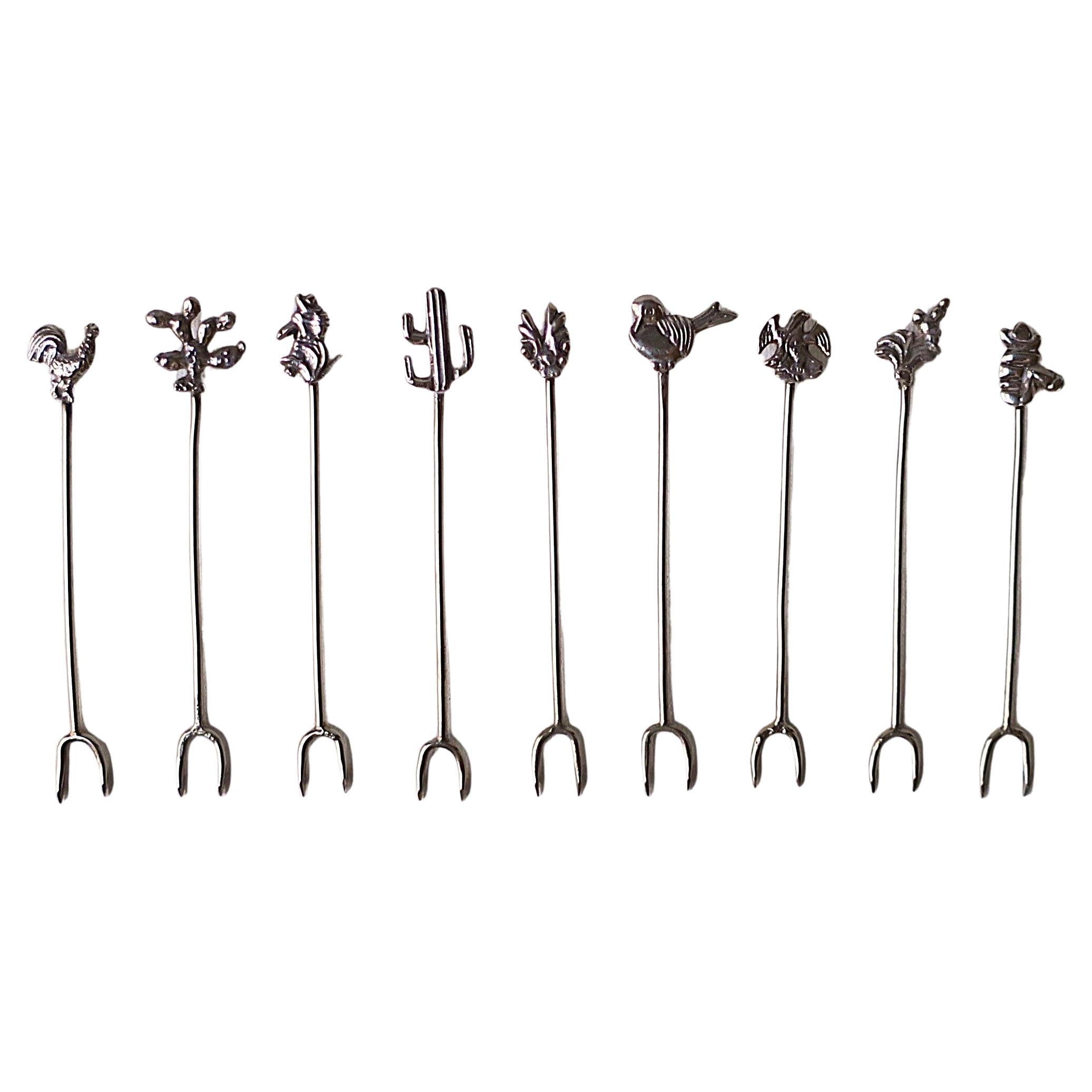 Set de 9 pinchos de plata de ley para aperitivos mexicanos