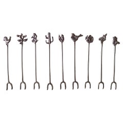 Sterling Silver Cocktail Appetizer Picks Mexican Charms, Set of 9